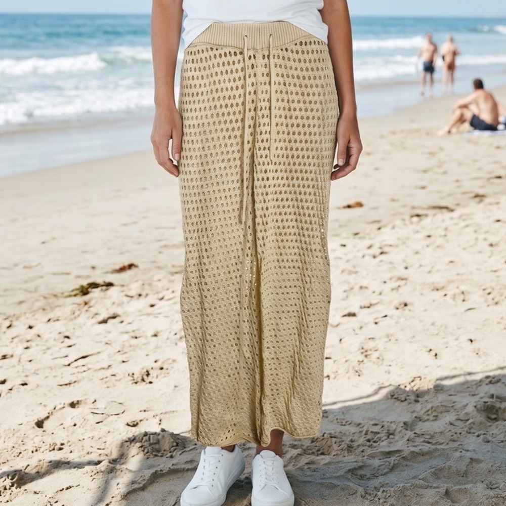 West of Melrose Women Cream Crochet Wide Leg Pants Open Knit Boho XS Beach Cover